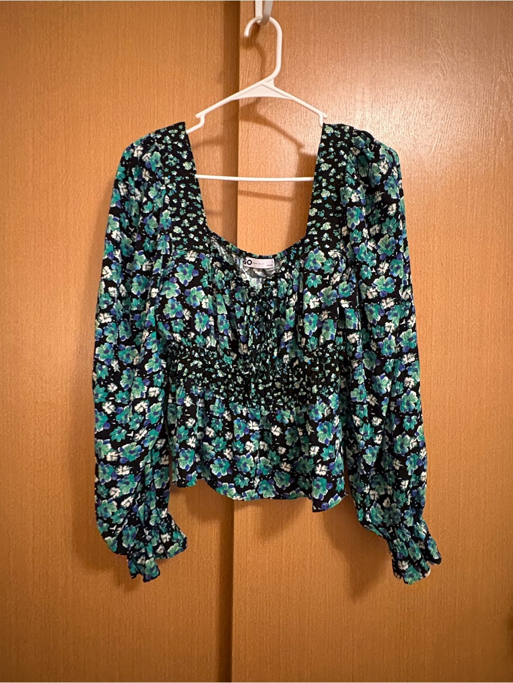 SO Black Floral Smocked Peasant Blouse with Blue-Green Flowers